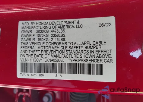 2022 Honda Accord Sport from USA, damaged, VIN 1HGCV1F3XNA058335